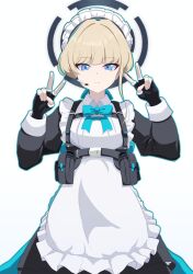 1girl ammunition_pouch apron black_gloves blonde_hair blue_archive blue_eyes collared_dress dress fingerless_gloves frilled_dress frills gloves halo highres looking_at_viewer maid_apron maid_headdress medium_hair microphone nobunaga1207 pouch single_sidelock solo standing toki_(blue_archive) white_background