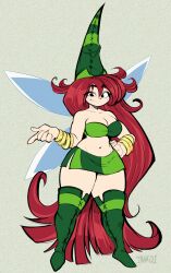 1girl bare_shoulders betilla_(rayman) boots bracelet breasts cleavage curvy fairy freckles full_body green_boots green_skirt hand_on_own_hip hat highres ink01 jewelry large_breasts long_hair looking_at_viewer midriff navel pointy_hat rayman_(series) rayman_origins red_hair signature skirt solo strapless thick_thighs thighs tube_top very_long_hair wings