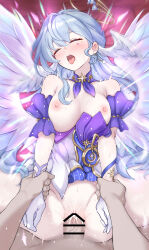 1boy 1girl absurdres angel_wings armpit_crease bar_censor bed blush breasts censored closed_eyes clothed_female_nude_male clothed_sex clothes_lift clothes_pull collar commentary cum cum_in_pussy daram_(shappydude) detached_collar dress dress_lift dress_pull earrings female_orgasm from_above gloves halo happy_sex head_wings hetero highres holding_another&#039;s_wrist honkai:_star_rail honkai_(series) jewel_under_eye jewelry large_breasts large_variant_set long_hair lying missionary motion_blur nipples no_panties nude on_back on_bed open_mouth orgasm penis pillow pov purple_collar purple_hair pussy robin_(honkai:_star_rail) sex spread_legs sweat thighs tongue tongue_out vaginal variant_set very_long_hair white_dress white_gloves wings