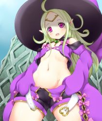 1girl ashita_yaru belt circlet female_focus fire_emblem fire_emblem_awakening fire_emblem_heroes green_hair halloween_costume hat long_hair long_sleeves midriff navel nintendo nowi_(eternal_witch)_(fire_emblem) nowi_(fire_emblem) open_belt open_mouth pointy_ears purple_eyes short_shorts shorts sleeves_past_fingers sleeves_past_wrists solo unbuckled unzipped witch_hat