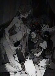 0_5en 1girl 1other bound bound_arms cuffs highres kneeling mask original pants shackles torn_clothes torn_pants