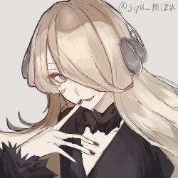 1girl blonde_hair breasts coat cynthia_(pokemon) fur-trimmed_coat fur-trimmed_sleeves fur_collar fur_trim grey_background grey_eyes hair_ornament hair_over_one_eye highres long_hair long_sleeves looking_at_viewer nintendo open_mouth pokemon pokemon_dppt simple_background siyu_mizu smile solo upper_body very_long_hair