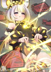1girl animal_ears bare_shoulders blonde_hair cable clothes_lift cowboy_shot duel_monster gradient_hair grey_hair gummyrise highres laser maliss_&lt;p&gt;_dormouse mouse_ears multicolored_hair short_hair skirt skirt_lift solo tentacle_sex tentacles twitter_username yu-gi-oh!