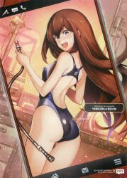1girl absurdres angry ass back back_focus bare_shoulders blue_eyes blue_one-piece_swimsuit blush breasts brown_hair competition_swimsuit covered_erect_nipples ears_visible_through_hair embarrassed from_behind hair_between_eyes highleg highleg_one-piece_swimsuit highres long_hair looking_at_viewer looking_back makise_kurisu median_furrow nagahama_megumi official_art one-piece_swimsuit open_mouth small_breasts solo steins;gate sweatdrop swimsuit teeth thick_thighs thighs tongue upper_teeth_only wet