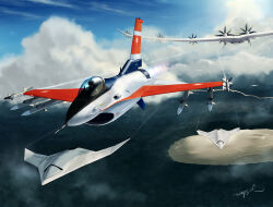 ace_combat ace_combat_7 airborne_aircraft_carrier aircraft airplane arsenal_bird artist_name cloud contrail day drone f-16_fighting_falcon fighter_jet flying highres military military_vehicle mother_ship mq-101 no_humans ocean parasite_aircraft pilot signature sky thompson_(solowingfh) unmanned_aerial_vehicle unmanned_combat_aerial_vehicle vehicle_focus
