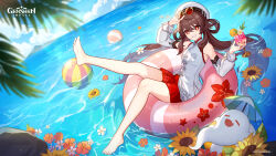 1girl barefoot beach_volleyball boo_tao_(genshin_impact) brown_hair clenched_teeth commentary cup detached_sleeves english_commentary flower-shaped_pupils full_body genshin_impact ghost glass grin hat highres holding holding_cup hu_tao_(cherries_snow-laden)_(genshin_impact) hu_tao_(genshin_impact) long_hair long_sleeves looking_at_viewer official_art outdoors red_eyes red_skirt round_eyewear shirt skirt smile solo sunglasses swim_ring symbol-shaped_pupils teeth very_long_hair water white_hat white_shirt