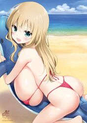 Rule 34 | 1girl, ass, beach, bikini, blonde hair, blush, breast press, breasts, cloud, copyright name, green eyes, highres, holding, holding stuffed toy, huge breasts, hugging object, kobayashi ritz, long hair, looking at viewer, lying, micro bikini, non-web source, oohoshi awai, open mouth, red bikini, riding, saki (manga), shark, side-tie bikini bottom, sitting, skindentation, sky, smile, stuffed animal, stuffed shark, stuffed toy, swimsuit, t-back, thong bikini