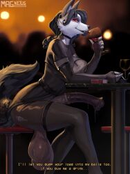 1futa absurdres alcohol animal_penis breasts cigarette cup dog_girl dress drinking drinking_glass earrings fluffy furry furry_female futanari highres horse_penis huge_penis huge_testicles jewelry large_breasts magnetus original penis sagging_testicles smoking solo testicles thighhighs wine wine_glass wolf_girl