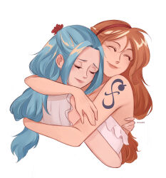 2girls absurdres artist_name bare_arms bare_shoulders blue_hair closed_eyes closed_mouth cocoyashin commentary cropped_torso dress english_commentary flower frilled_dress frills hair_flower hair_ornament hairband heads_together highres hug long_hair multiple_girls nami_(one_piece) nefertari_vivi one_piece orange_hair parted_bangs pink_lips red_flower red_hairband shoulder_tattoo simple_background smile tattoo upper_body wavy_hair white_background white_dress