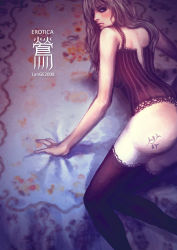 00s 1girl 2008 all_fours ass corset female_focus langewong lips long_hair looking_back original solo tattoo thighhighs