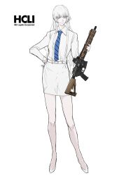 1girl absurdres blue_eyes blue_necktie colored_eyelashes full_body gun high_heels highres holding holding_gun holding_weapon jormungand_(manga) koko_hekmatyar long_hair long_sleeves looking_at_viewer necktie pale_skin peinlike pencil_skirt simple_background skirt smile solo standing weapon white_background white_eyelashes white_hair