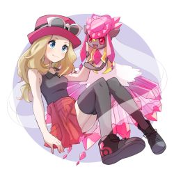 1girl ass black_thighhighs blonde_hair blue_eyes blush breasts diancie floating_hair gen_6_pokemon hat knees_together_feet_apart legendary_pokemon long_hair medium_breasts miu_(miuuu_721) mythical_pokemon nintendo pink_hat pleated_skirt pokemon pokemon_(creature) pokemon_xy red_skirt serena_(pokemon) skirt thighhighs