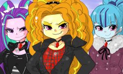 3girls adagio_dazzle aria_blaze artist_request blue_hair blue_skin colored_skin highres looking_at_viewer multiple_girls my_little_pony my_little_pony:_equestria_girls my_little_pony:_friendship_is_magic orange_hair pink_eyes pink_skin ponytail purple_eyes purple_hair sonata_dusk twintails yellow_skin