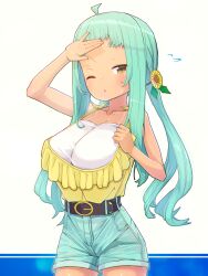 1girl absurdres breasts casual green_hair highres kosanae_sasaho large_breasts long_sideburns oppai_loli original ponytail short_bangs sideburns smaragdus_viridi tsurime yellow_eyes