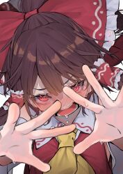 Rule 34 | 1girl, @ @, absurdres, ascot, blush, bow, brown hair, commentary, frilled bow, frilled hair tubes, frills, hair bow, hair tubes, hakurei reimu, highres, kararage tsune, looking at viewer, open mouth, red eyes, solo, teeth, touhou, yellow ascot