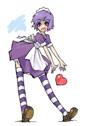 1girl :d apron artist_request blush brown_shoes collared_dress dress full_body futaba_channel heart horizontal-striped_thighhighs legs_apart long_legs maid maid_headdress nijiura_maids no_nose open_mouth pink_eyes purple_dress purple_hair shoes short_hair short_sleeves simple_background smile solo standing striped_clothes striped_thighhighs thighhighs third-party_source toes_up white_apron white_background yakui zettai_ryouiki