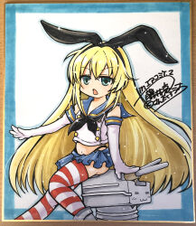 1girl :3 absurdres black_bow black_bowtie black_hairband black_panties blonde_hair blue_background blue_sailor_collar blue_skirt blush bow bowtie comiket_98 commentary_request crop_top elbow_gloves feet_out_of_frame flat_chest fujii_ryou gloves hairband highleg highleg_panties highres kantai_collection long_hair looking_at_viewer miniskirt open_mouth panties red_thighhighs rensouhou-chan sailor_collar school_uniform serafuku shimakaze_(kancolle) sitting skirt solo striped_clothes striped_thighhighs thighhighs two-tone_background underwear very_long_hair white_background white_gloves white_thighhighs