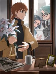 Rule 34 | 1girl, 2boys, artesia som deikun, beard, black hair, blue eyes, bouquet, brown hair, challia bull, collared shirt, commentary request, comoli harcourt, cup, door, facial hair, flower, glasses, gloves, green eyes, green hair, gundam, gundam gquuuuuux, highres, holding, holding bouquet, horocca, indoors, jacket, long sleeves, miguel serverto, mole, mole under eye, mole under mouth, multicolored eyes, multiple boys, mustache, necktie, newspaper, photo (object), picture frame, ramba ral, shirt, short hair, smile, table, turtleneck, two-tone eyes, xavier olivette, yellow eyes