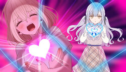 2girls bang_dream! bang_dream!_it&#039;s_mygo!!!!! black_ribbon blonde_hair blue_hair bob_cut brown_skirt ccc_cloudy commentary_request expressionless frown glowing_heart hair_ribbon hands_up heart heart_hands heart_on_chest highres long_hair long_sidelocks long_sleeves love_je_t&#039;aime lovestruck misumi_uika multiple_girls parody parted_lips plaid_clothes plaid_skirt ribbon shirt shooting_through_heart short_hair sidelocks skirt sleeve_cuffs so_moe_i&#039;m_gonna_die! t-shirt togawa_sakiko two_side_up white_shirt x_arms yellow_eyes yuri