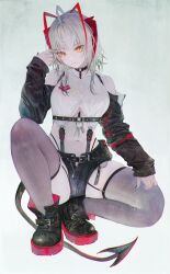 1girl ahoge antennae arknights bare_shoulders belt black_choker black_shorts black_sleeves boots breasts chest_harness choker clothing_cutout commission crop_top flippy_(cripine111) garter_straps grenade_pin grey_thighhighs grin hand_up harness highleg highres horns long_sleeves looking_at_viewer medium_breasts medium_hair midriff nail_polish navel open_fly panty_straps pixiv_commission shirt short_shorts shorts shoulder_cutout smile solo squatting stomach suspenders tail thighhighs underboob w_(arknights) white_hair white_shirt yellow_eyes