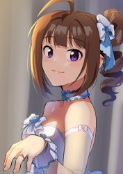 1girl ahoge bare_shoulders blue_ribbon brown_hair choker closed_mouth commentary detached_sleeves dress drill_hair engagement_ring frilled_choker frills from_side hair_ribbon idolmaster idolmaster_million_live! jewelry kamille_(vcx68) looking_at_viewer medium_hair ornate_ring purple_eyes ribbon ring side_drill side_ponytail sidelocks smile solo strapless strapless_dress upper_body white_choker white_dress white_sleeves yokoyama_nao