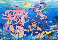 Rule 34 | 00s, 4girls, absurdres, bikini, blue eyes, blue hair, blush, breasts, closed eyes, fish, flippers, full body, glasses, green eyes, hair ribbon, hairband, highres, hiiragi kagami, hiiragi tsukasa, izumi konata, lucky star, megami magazine, mole, mole under eye, multiple girls, navel, official art, one-piece swimsuit, open mouth, pink hair, purple hair, ribbon, scan, school swimsuit, siblings, side-tie bikini bottom, sisters, striped bikini, striped clothes, swimsuit, takara miyuki, tongue, twins, twintails, underwater, water, yamada naoko