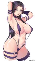 1girl absurdres armpits arms_behind_head bare_shoulders breasts choker commentary cowboy_shot dracksart earrings english_commentary highres jewelry large_breasts long_hair marvel marvel_rivals navel o-ring o-ring_thigh_strap psylocke psylocke_(vengeance) purple_choker purple_eyes purple_hair purple_slingshot_swimsuit simple_background slingshot_swimsuit solo stomach swimsuit thigh_strap thighs twitter_username white_background x-men