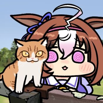 Rule 34 | 1girl, @ @, ahoge, animal ears, bow, brown hair, cat, commentary request, ear ribbon, hair between eyes, hairband, horse ears, horse girl, jazz jack, looking at viewer, lowres, medium hair, meisho doto (umamusume), meto (cat), multicolored hair, pink eyes, pink hairband, school uniform, tracen school uniform, two-tone hair, umamusume, upper body, white hair
