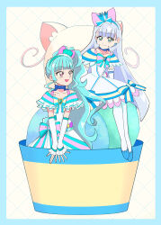 Rule 34 | 2girls, :d, absurdres, animal ear hairband, animal ears, aqua bow, aqua hair, aqua hairband, aqua hat, arched bangs, arm support, arm warmers, bare shoulders, blue border, blue bow, blue choker, blue crown, blue eyes, blue hairband, blue shoes, blunt bangs, blunt ends, blush, border, bow, bow hairband, bowl, bright pupils, brooch, cat, cat ear hairband, cat ears, chest bow, choker, collarbone, commentary, crown, crown earrings, cure lillian, cure nyammy, dot nose, dress, dress bow, earrings, fake animal ears, food, frilled arm warmers, frilled dress, frills, grid background, hairband, hat, heart, heart brooch, highres, hinoki (91011), ice cream, jewelry, long hair, looking at another, magical girl, medium dress, mini crown, mini hat, mini top hat, multiple girls, nekoyashiki mayu, nekoyashiki yuki, off-shoulder dress, off shoulder, open mouth, oversized food, oversized object, pact holder, pearl earrings, petticoat, ponytail, pouch, precure, purple eyes, shiny cats pact, shoes, side ponytail, sitting, smile, straight hair, striped bow, thighhighs, tilted headwear, top hat, very long hair, white arm warmers, white background, white bow, white dress, white fur, white hair, white thighhighs, wonderful precure!, yellow pupils