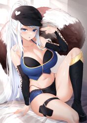 1girl absurdres black_boots black_hat black_shorts black_sleeves blue_eyes blue_shorts boots breasts cleavage collarbone commission cross-laced_clothes cross-laced_sleeves deogho_(liujinzy9854) detached_sleeves hat heart highres knee_boots large_breasts long_hair multicolored_shorts navel open_mouth original panty_straps ponytail raccoon_tail short_shorts shorts single_knee_boot solo tail thigh_strap white_hair