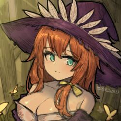 Rule 34 | 1girl, bare shoulders, black souls, black souls 2, bow, breasts, bug, butterfly, cleavage, closed mouth, detached sleeves, dorothy (black souls), feathers, green eyes, hair between eyes, hat, insect, light blush, light smile, looking at viewer, low-tied medium hair, medium hair, orange hair, purple hat, purple sleeves, shirt, sidelocks, signature, simple background, smile, solo, white feathers, white shirt, witch, witch hat, xun lin (pixiv 93392103), yellow bow, yellow butterfly