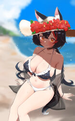1girl animal_ear_fluff animal_ears armpit_crease beach bikini black_hair blue_sky blush bracelet breasts choker closed_mouth cloud collarbone dot_nose double-parted_bangs flipped_hair hair_between_eyes hat highres hololive jewelry kani_bonara large_breasts long_hair looking_at_viewer low-tied_long_hair mismatched_bikini multicolored_hair navel ocean ookami_mio red_hair sand shawl side-tie_bikini_bottom sky smile solo spiked_hair stomach straw_hat streaked_hair sweat swimsuit tail thighs virtual_youtuber wolf_ears wolf_girl wolf_tail yellow_eyes