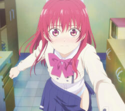 1girl anime_screenshot blazer blue_skirt blush bow bowtie breasts closed_mouth dot_nose female_focus flat_chest highres jacket kanojo_mo_kanojo long_hair long_sleeves looking_at_viewer miniskirt nervous nervous_sweating panties pleated_skirt red_bow red_bowtie red_eyes red_hair saki_saki_(kanojo_mo_kanojo) school_uniform shirt skirt solo solo_focus sweat sweatdrop taking_off_clothes thighs underwear white_panties white_shirt