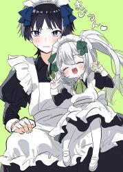 1boy 1girl alternate_costume apron ascot black_hair black_sleeves blue_bow blunt_ends bow bright_pupils closed_eyes crossdressing double_v enmaided eyelashes eyeliner eyeshadow fingernails frilled_apron frills furrowed_brow genshin_impact green_ascot green_background green_bow grey_eyes hair_between_eyes hair_bow hand_on_own_thigh hands_up head_tilt heart highres hirarinoie juliet_sleeves long_hair long_sleeves maid maid_apron maid_headdress makeup male_maid mary_janes nahida_(genshin_impact) open_mouth pantyhose parted_lips pointy_ears puffy_sleeves red_eyeliner red_eyeshadow scaramouche_(genshin_impact) shoes side_ponytail sidelocks size_difference sketch sweatdrop tongue translation_request v wanderer_(genshin_impact) white_apron white_footwear white_hair white_mouth white_pantyhose white_pupils