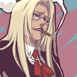 Rule 34 | 1girl, ascot, blonde hair, cigar, commentary request, cross, glasses, hellsing, hijiri rei, integra hellsing, long hair, looking at viewer, lowres, mouth hold, oekaki, smoking, solo, teeth hold