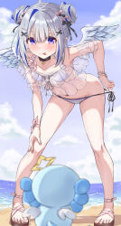 1girl :p absurdres ahoge amane_kanata amane_kanata_(summer) angel_wings bangle beach bead_bracelet beads bent_over bikini black_choker blue_eyes blue_hair blue_sky blush bracelet breasts choker cloud colored_inner_hair commentary_request day double_bun feathered_wings feet frilled_bikini_top grey_hair hair_bun hair_ornament hand_on_own_knee highres hololive jewelry lace lace_choker legs_apart looking_at_viewer multicolored_hair multiple_bracelets navel ocean off-shoulder_shirt off_shoulder official_alternate_costume official_alternate_hairstyle outdoors purple_eyes qussie sandals see-through_clothes see-through_shirt shirt shore side-tie_bikini_bottom sidelocks single_hair_intake sky small_breasts standing star_(symbol) star_choker streaked_hair swimsuit toes tongue tongue_out upao_(amane_kanata) virtual_youtuber water white_bikini wings x_hair_ornament