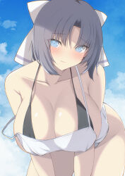 Rule 34 | absurdres, bikini, black bikini, blue eyes, blush, bow, breasts, chimunge, cleavage, closed mouth, commentary request, day, grey hair, hair bow, highres, large breasts, leaning forward, looking at viewer, medium hair, senran kagura, senran kagura estival versus, senran kagura shinovi versus, shirt, sky, smile, strap slip, striped bow, swimsuit, white bow, white shirt, yumi (senran kagura)