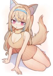 1girl absurdres alternate_costume animal_ear_fluff animal_ears barefoot blonde_hair blue_hair breasts cleavage cleavage_cutout clothing_cutout dog_ears dog_girl dog_tail fuwawa_abyssgard heart_cutout highres hololive hololive_english large_breasts long_hair looking_at_viewer multicolored_hair pink_eyes solo streaked_hair sweater szuukie tail turtleneck turtleneck_sweater virtual_youtuber white_background yellow_sweater