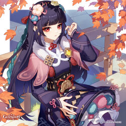 1girl absurdres autumn_leaves blunt_bangs capelet chinese_clothes commentary dress english_commentary falling_leaves flower genshin_impact hair_flower hair_ornament hand_up hat highres hime_cut leaf lolita_fashion long_hair long_sleeves looking_at_viewer makeup official_art outdoors pantyhose parted_lips pink_capelet purple_dress purple_hair purple_pantyhose qi_lolita red_eyes sitting solo tassel unworn_hat unworn_headwear yun_jin_(genshin_impact)