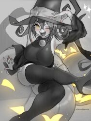 1girl artist_name black_leotard blair_(soul_eater) boots breasts detached_sleeves dress grey_background greyscale happy harutoyumaarts hat highres jack-o&#039;-lantern large_breasts leg_up leotard long_hair looking_at_viewer monochrome one_eye_closed open_mouth pumpkin sitting smile solo soul_eater sparkle thigh_boots thighs turtleneck turtleneck_dress twitter_username wide_hips witch witch_hat yellow_eyes