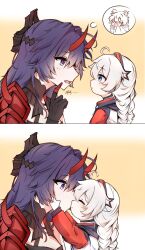 Rule 34 | 2girls, 2koma, age difference, artist request, comic, honkai (series), honkai impact 3rd, horns, kiana kaslana, kiss, multiple girls, onee-loli, raiden mei, tagme, yuri