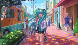 3boys 4girls absurdres bag billboard blush_stickers building city crepe dappled_sunlight day eating food food_on_face food_truck fumeshi gumi hand_on_own_chin hatsune_miku highres holding holding_bag holding_food holding_phone kagamine_len kagamine_rin kaito_(vocaloid) lamppost leg_up long_hair looking_at_viewer megurine_luka meiko_(vocaloid) miku_day motor_vehicle multiple_boys multiple_girls one_eye_closed outdoors parfait phone poppippoo_(vocaloid) road sandwich_board scenery selfie senbonzakura_(vocaloid) shadow shoes shopping_bag sidewalk smile sneakers standing standing_on_one_leg strawberry_parfait street sunlight taking_picture thinking truck v vocaloid wide_shot