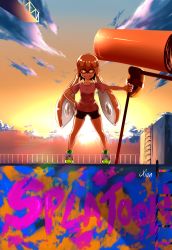 1girl artist_name bike_shorts cloud cloudy_sky copyright_name fangs female_focus hand_on_own_hip highres holding inkling inkling_girl inkling_player_character long_hair matching_hair/eyes nintendo open_mouth orange_eyes orange_hair oversized_object paint_roller paint_splatter shirt shoes signature sky smile sneakers solo splat_roller_(splatoon) splatoon_(series) splatoon_1 standing sunlight sunrise t-shirt tentacle_hair xion_(pulilulu)