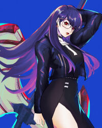 1girl axe black_dress black_jacket blue_background collar collarbone dress eyelashes female_focus glasses holding holding_axe holding_weapon jacket leather leather_jacket lips lipstick long_hair long_sleeves makeup purple_hair red_eyes red_lips shizuhara_hiruko simple_background solo solo_focus standing the_hundred_line_-last_defense_academy- weapon