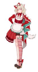 1girl absurdres animal_ear_fluff apron arm_cutout asymmetrical_legwear black_shorts blonde_hair bow braid cape dirndl facial_mark fashion fishnet_pantyhose fishnets full_body garter_straps german_clothes gloves hair_bow hands_on_own_hips high_heels highres komori_met komori_met_(4th_costume) lace-trimmed_apron lace_trim lolita_fashion medium_hair nanashi_inc. neck_ribbon overskirt pantyhose pink_hair polka_dot ribbon shorts simple_background single_garter_strap single_thighhigh solo standing striped_clothes striped_thighhighs sweet_lolita thighhighs v_ap_art virtual_youtuber vspo! white_background white_gloves zephda