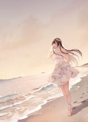1girl ankle_cuffs arm_cuffs barefoot beach black_hair bridal_veil closed_eyes dress earrings flower flower_collar flower_wreath footprints gloves high_heels highres holding holding_shoes holding_unworn_clothes horizon idolmaster idolmaster_shiny_colors jewelry layered_dress light_particles light_smile long_hair ocean randompeeps rose shirase_sakuya shoes solo swept_bangs u_u unworn_shoes veil waves wedding_dress white_dress white_flower white_gloves white_rose white_veil wind