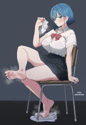 1girl barefoot blue_eyes blue_hair blush chair dokkitokki feet highres looking_at_viewer medium_hair original parted_lips school_uniform shoes single_sock socks soles steam toes unworn_shoes unworn_socks uwabaki white_socks