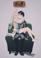 ... 1boy 1girl arisu_syndrome armchair arms_around_neck black_hair black_jacket black_pants black_shoes black_suit blonde_hair blue_necktie blush brown_coat carrying chair cheek-to-cheek coat cutoffs denim denim_shorts formal_clothes full_body gakuen_idolmaster glasses gloom_(expression) grey_background hair_ornament hairclip heads_together heart highres hug idolmaster jacket long_hair long_sleeves necktie on_chair open_mouth orange_eyes pants princess_carry producer_(idolmaster) shinosawa_hiro shirt shoes short_hair short_shorts shorts sign simple_background sitting smile spoken_ellipsis suit suit_jacket swept_bangs translated white_shirt