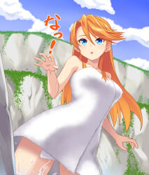 ! 1girl blue_eyes blue_sky breasts cliff cloud curtained_hair floating_hair highres hou_(hachiyou) laxia_von_roswell long_hair medium_breasts naked_towel orange_hair outdoors parted_bangs sky solo swept_bangs towel translation_request water ys ys_viii_lacrimosa_of_dana