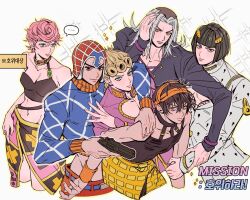 ... 1girl 6+boys alrlmigi argyle_clothes argyle_hat argyle_sweater black_choker black_coat black_eyes black_hair black_shirt black_skirt black_tube_top blonde_hair blue_eyes blue_sweater bob_cut breasts bruno_bucciarati checkered_clothes checkered_skirt choker cleavage_cutout closed_mouth clothing_cutout coat commentary_request crop_top giorno_giovanna green_eyes grey_hair guido_mista gun hair_ornament hairband hairclip handgun hat high_collar holding holding_gun holding_weapon jacket jojo_no_kimyou_na_bouken korean_commentary korean_text ladybug_ornament leone_abbacchio long_hair long_skirt long_sleeves looking_at_viewer male_focus medium_breasts midriff multicolored_skirt multiple_boys narancia_ghirga navel orange_hairband pants pink_choker pink_hair pink_jacket pink_skirt red_hat red_pants shirt short_hair skirt smile sparkle spoken_ellipsis strapless sweater translation_request trish_una tube_top turtleneck turtleneck_jacket turtleneck_sweater vento_aureo weapon white_jacket wing_ornament wristband yellow_skirt zipper zipper_pull_tab